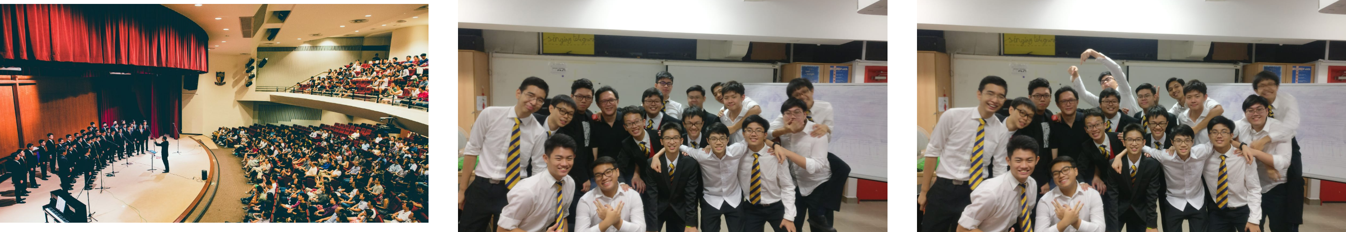 Three photos showing male students in white shirts and striped ties, performing on stage and posing in group photos.